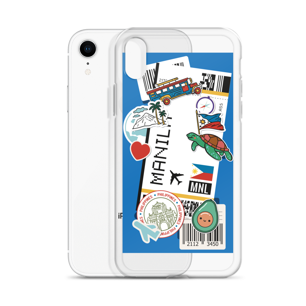 Printful clear iPhone case featuring a Manila travel boarding pass design with Filipino stickers.