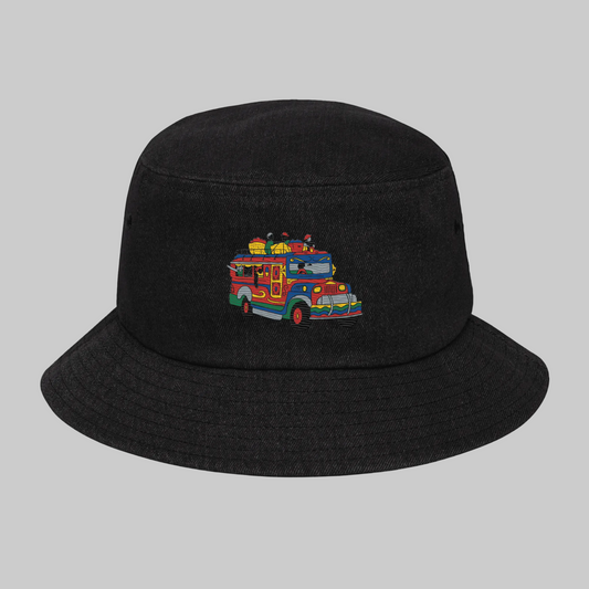 Black denim bucket hat featuring a colorful Filipino Jeepney graphic design by Printful.
