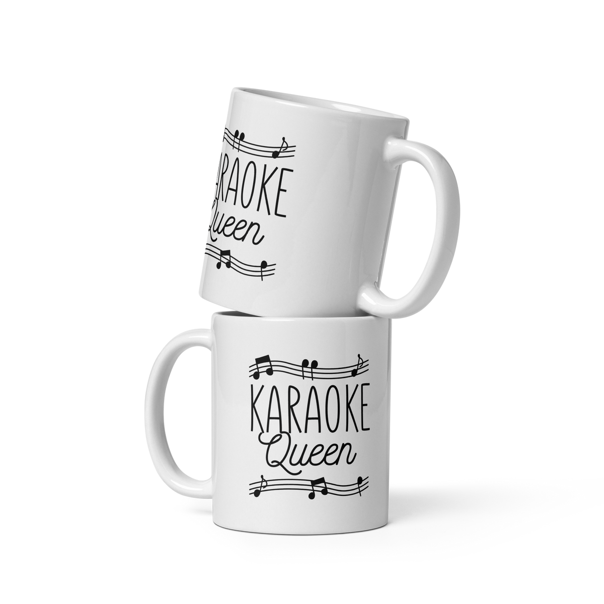 Two white glossy Printful mugs featuring the 'Karaoke Queen' design with musical notes.