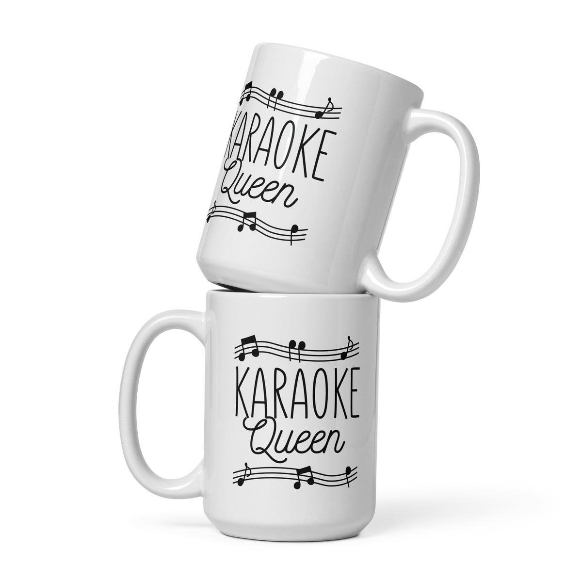 Two white glossy Printful mugs featuring a Karaoke Queen design with musical notes.