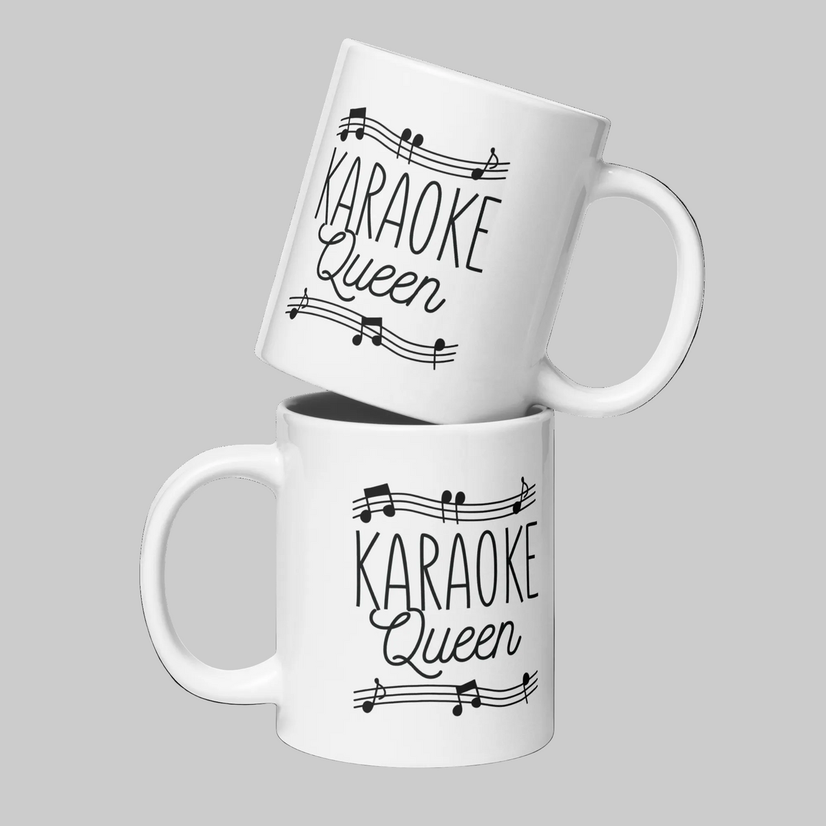 Two white glossy Printful mugs featuring a 'Karaoke Queen' design with musical notes.